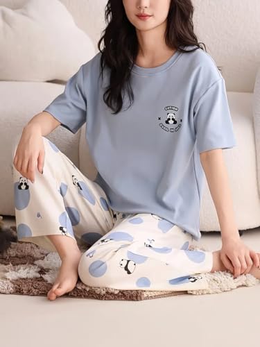 Louis Luxe Womens Korean Night Dress || Full Pyjama Set || Korean Nightsuit || Women Nightwear ||Round Neck Full Sleeve Nightsuit || Loungewear || Everyday Nightdress (ND-08-SKY-M) - Image 4