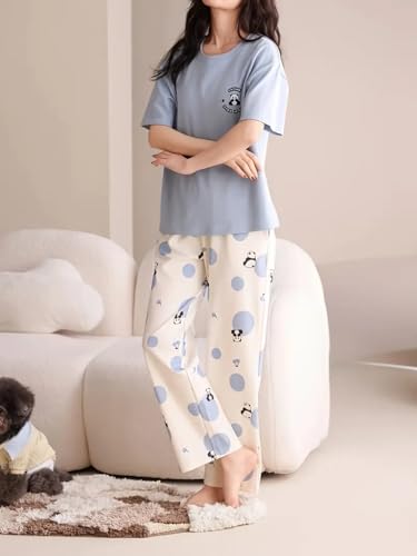 Louis Luxe Womens Korean Night Dress || Full Pyjama Set || Korean Nightsuit || Women Nightwear ||Round Neck Full Sleeve Nightsuit || Loungewear || Everyday Nightdress (ND-08-SKY-M) - Image 6