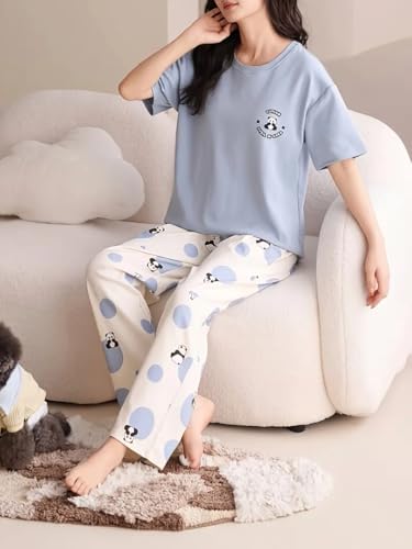 Louis Luxe Womens Korean Night Dress || Full Pyjama Set || Korean Nightsuit || Women Nightwear ||Round Neck Full Sleeve Nightsuit || Loungewear || Everyday Nightdress (ND-08-SKY-M) - Image 5
