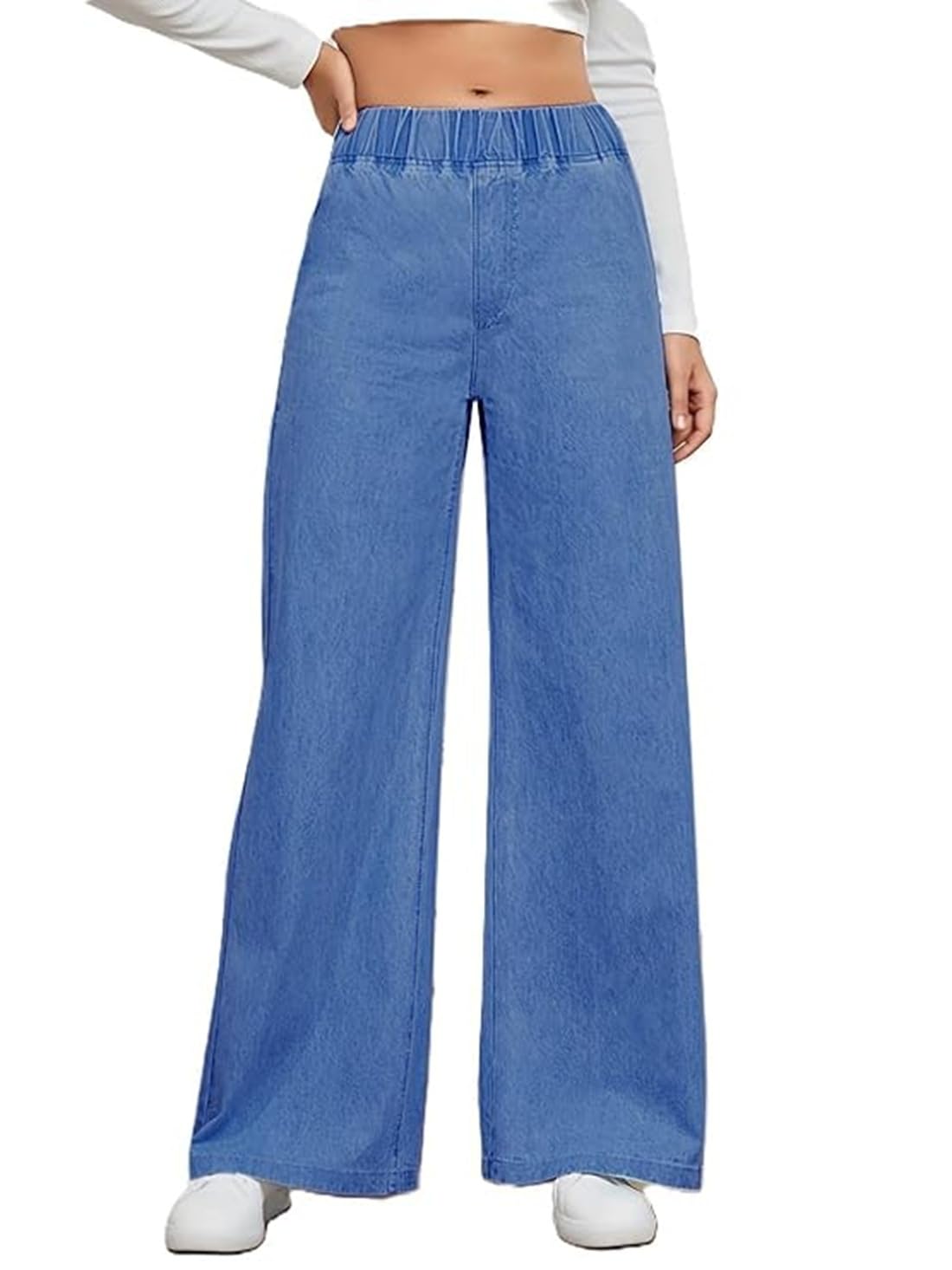 ADBUCKS Women's Stretch Denim Wide Leg Jeans Comfort Fit with Elastic Waistband, Straight Cut, Casual Style for All Seasons, Versatile Clothing (in, Numeric, 38, Blue)