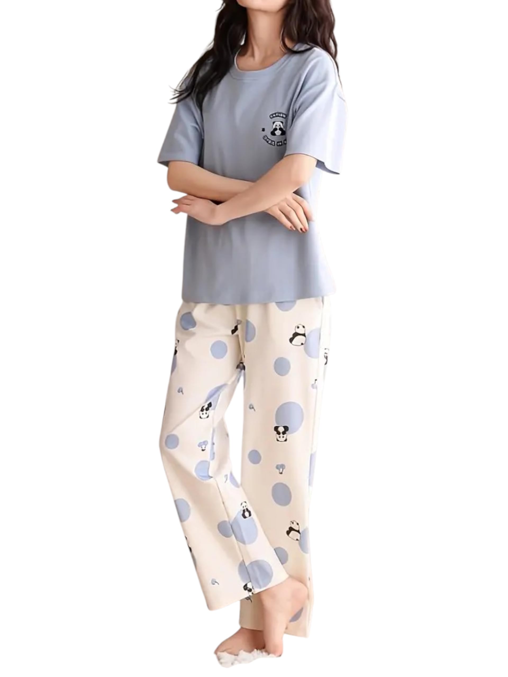 Louis Luxe Womens Korean Night Dress || Full Pyjama Set || Korean Nightsuit || Women Nightwear ||Round Neck Full Sleeve Nightsuit || Loungewear || Everyday Nightdress (ND-08-SKY-M)