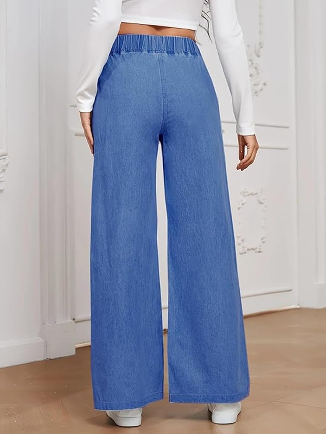 ADBUCKS Women's Stretch Denim Wide Leg Jeans Comfort Fit with Elastic Waistband, Straight Cut, Casual Style for All Seasons, Versatile Clothing (in, Numeric, 38, Blue) - Image 3