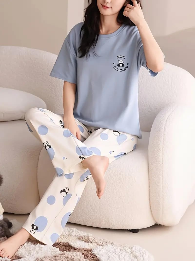 Louis Luxe Womens Korean Night Dress || Full Pyjama Set || Korean Nightsuit || Women Nightwear ||Round Neck Full Sleeve Nightsuit || Loungewear || Everyday Nightdress (ND-08-SKY-M) - Image 2