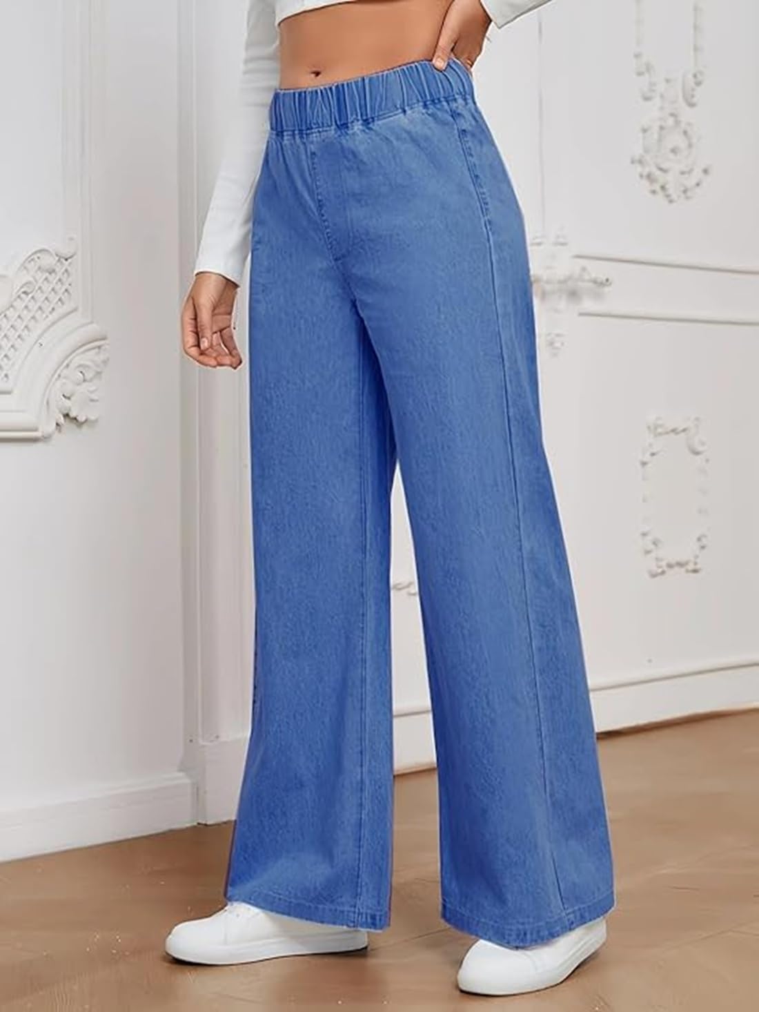 ADBUCKS Women's Stretch Denim Wide Leg Jeans Comfort Fit with Elastic Waistband, Straight Cut, Casual Style for All Seasons, Versatile Clothing (in, Numeric, 38, Blue) - Image 4