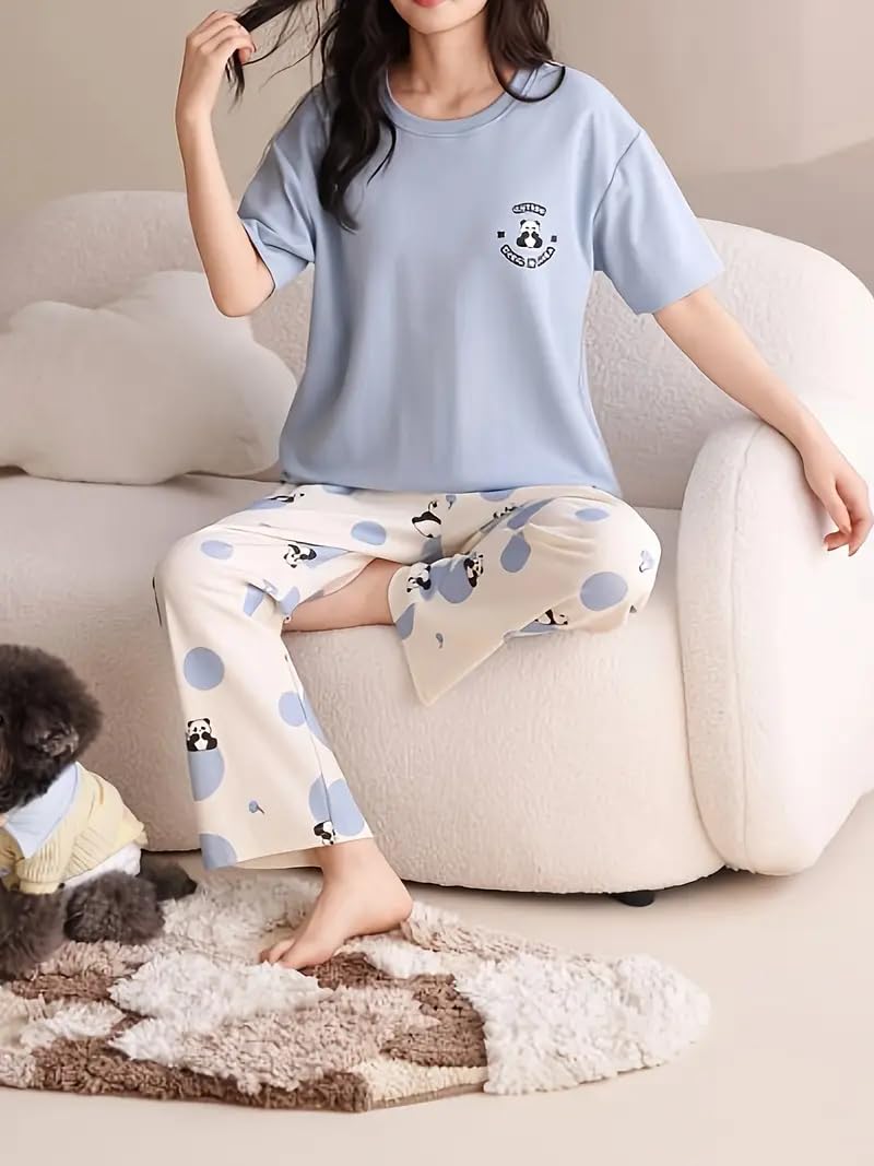 Louis Luxe Womens Korean Night Dress || Full Pyjama Set || Korean Nightsuit || Women Nightwear ||Round Neck Full Sleeve Nightsuit || Loungewear || Everyday Nightdress (ND-08-SKY-M) - Image 3