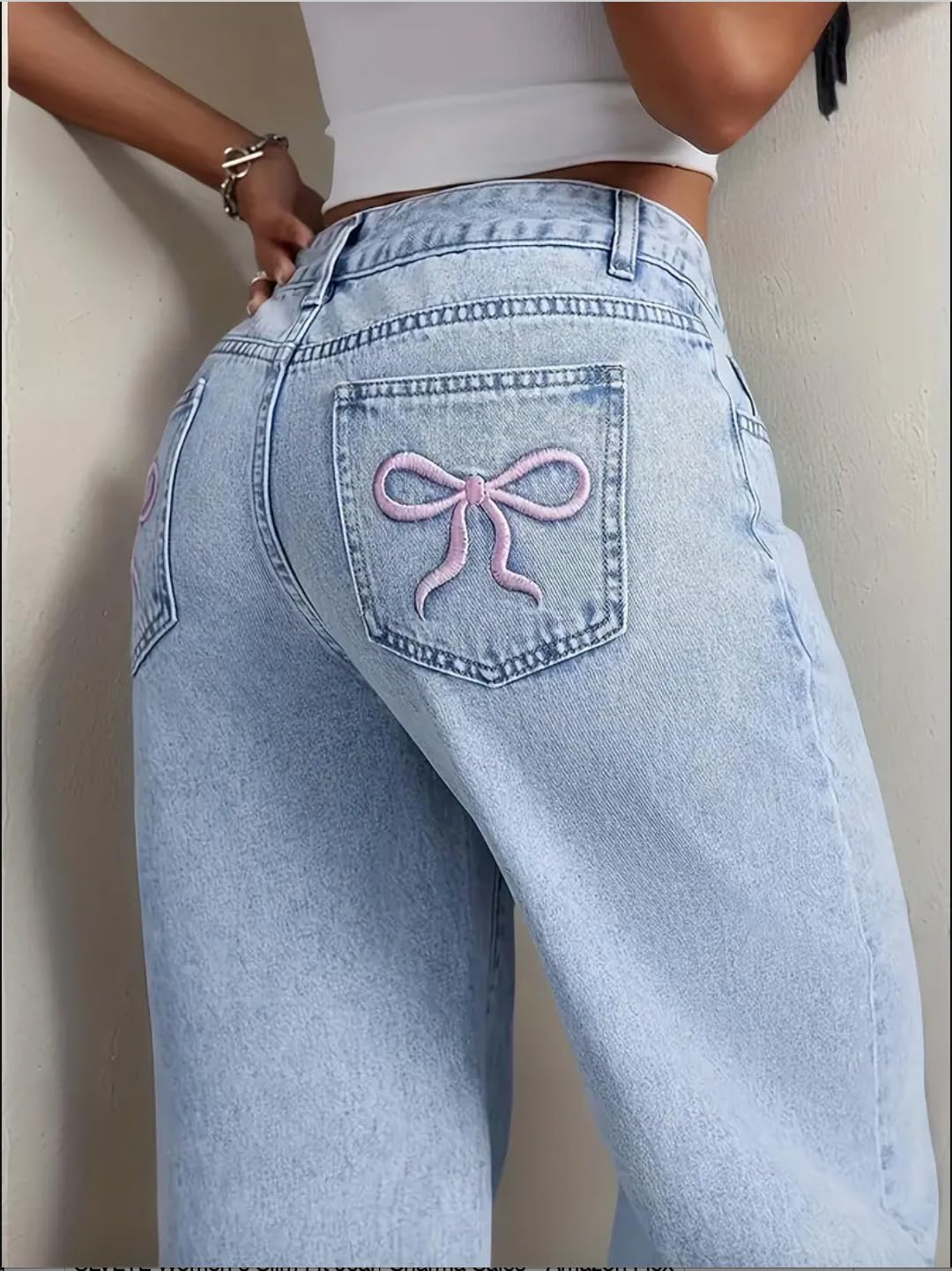 Nifty Women's Denim Stretchable High Waist Light Wash Baggy Jeans (1477_ICE_32_Light_Blue_32) || Back Pocket Bow tie Detail - Image 2