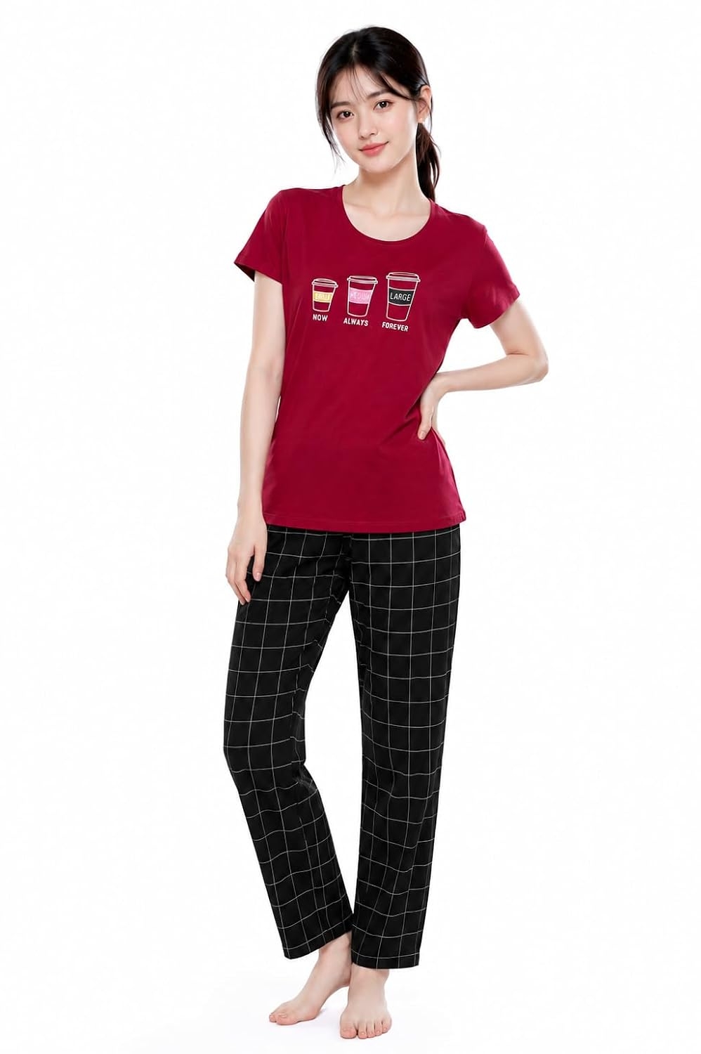 ZEYO Women's Cotton Checks Printed Relaxed Night Suit Set Of Top & Pyjama 5297