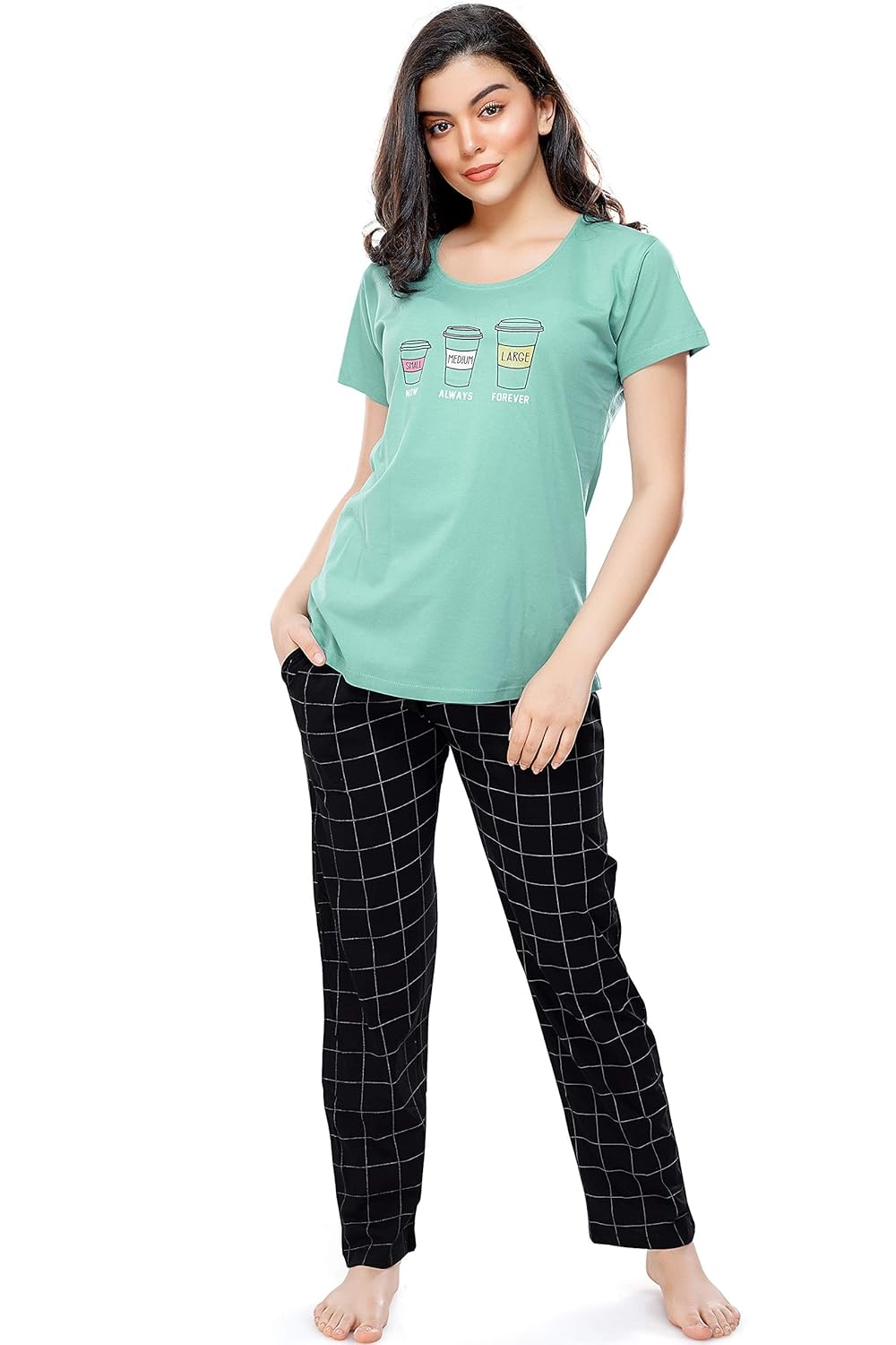 ZEYO Women's Cotton Checks Printed Relaxed Night Suit Set Of Top & Pyjama 5297 - Image 8