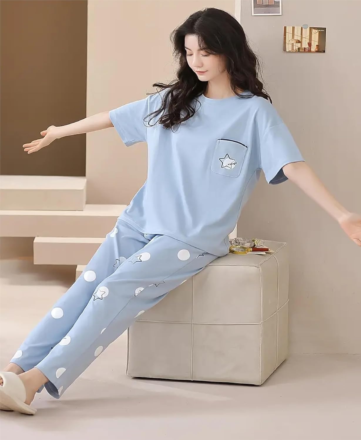 Louis Luxe Womens Korean Night Dress|| Full Pyjama Set || Korean Nightsuit ||Women Nightwear ||Round Neck Full Sleeve Nightsuit || Loungewear || Everyday Nightdress (ND-11) - Image 9