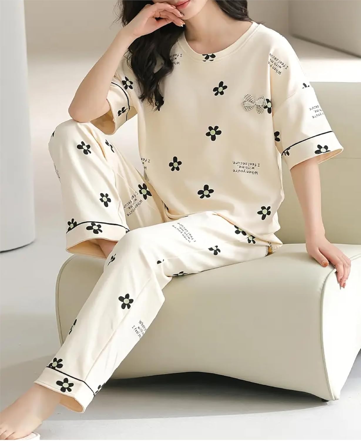 Louis Luxe Womens Korean Night Dress|| Full Pyjama Set || Korean Nightsuit ||Women Nightwear ||Round Neck Full Sleeve Nightsuit || Loungewear || Everyday Nightdress (ND-11) - Image 18