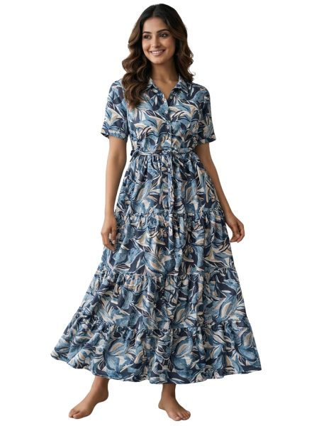 Bollyclues Women's Printed Crepe Maxi Dress with Waist Tie