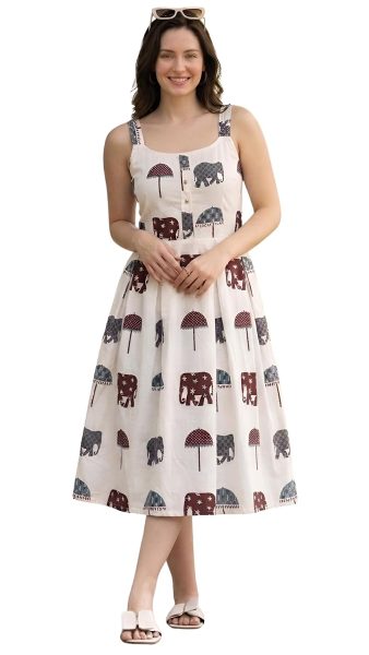 Bollyclues Women's Sleeveless Square-Neck Cotton Midi Dress