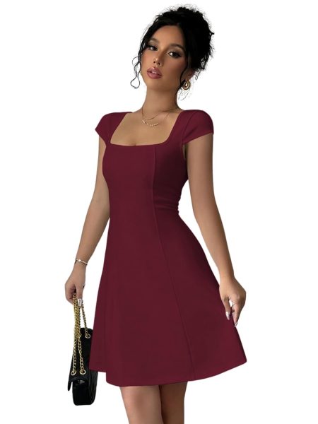 GRECIILOOKS Women's Square-Neck Lycra Midi Dress