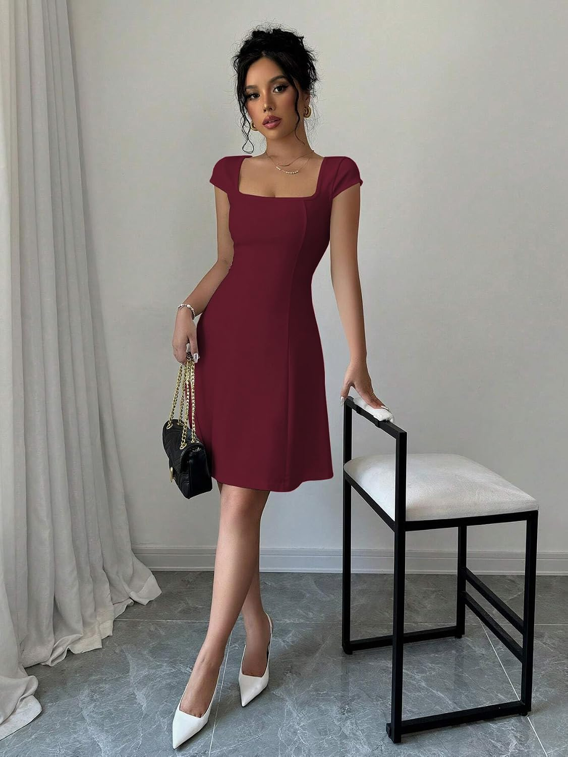 GRECIILOOKS Women's Square-Neck Lycra Midi Dress - Image 5