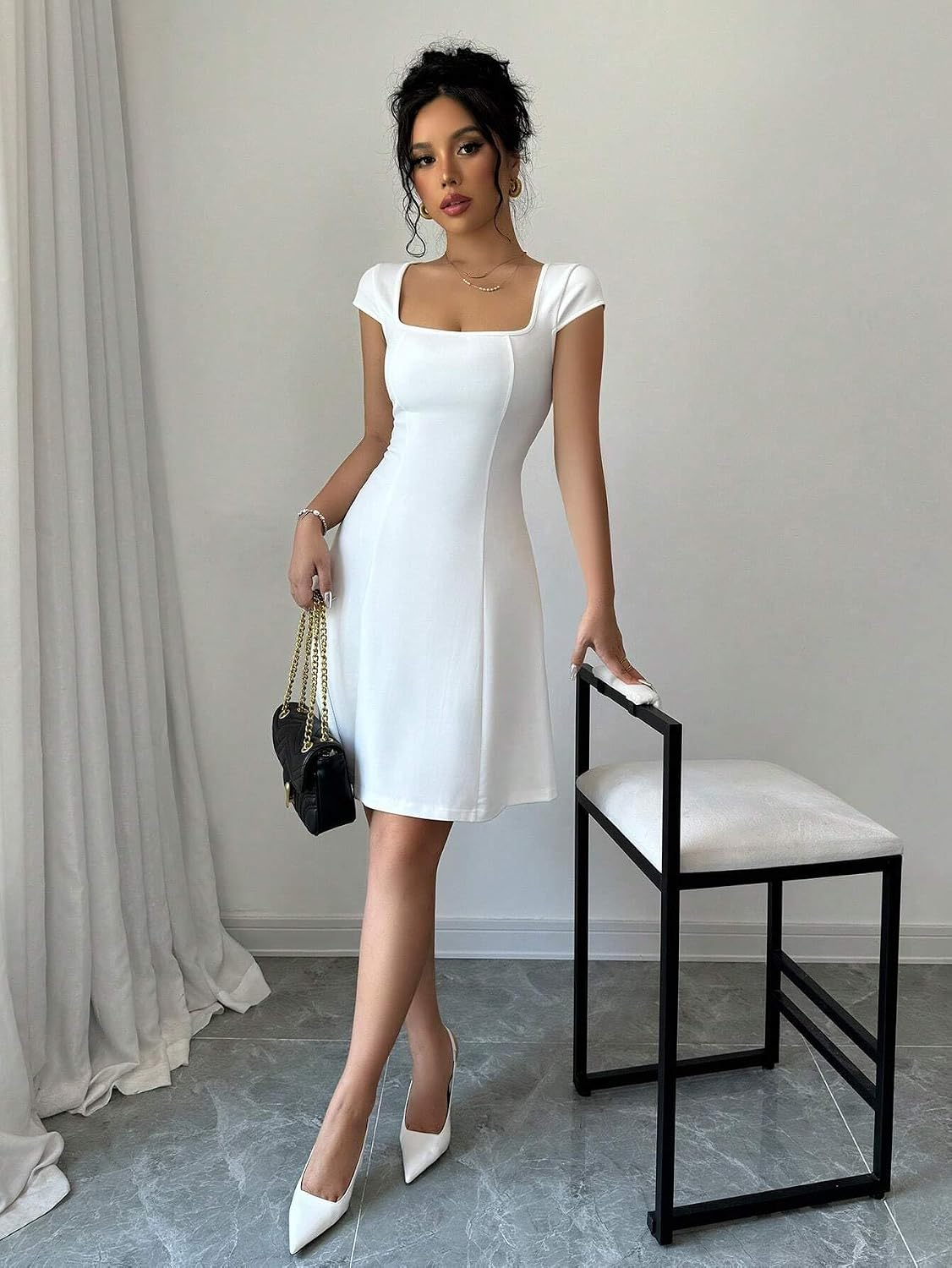 GRECIILOOKS Women's Square-Neck Lycra Midi Dress - Image 16