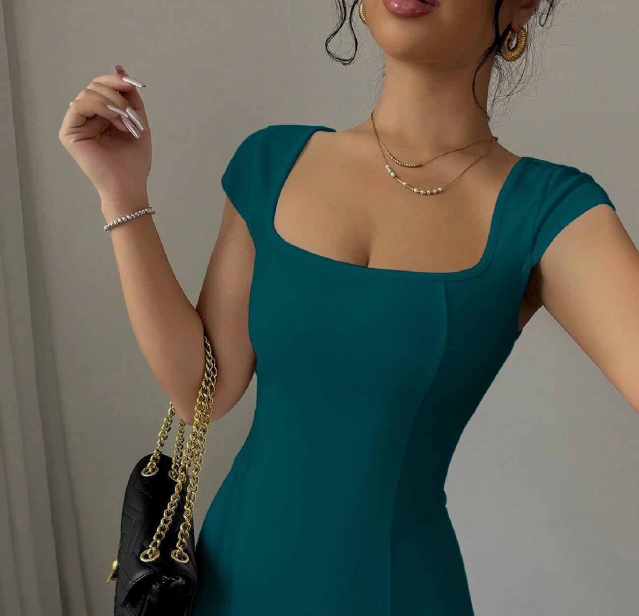 GRECIILOOKS Women's Square-Neck Lycra Midi Dress - Image 19