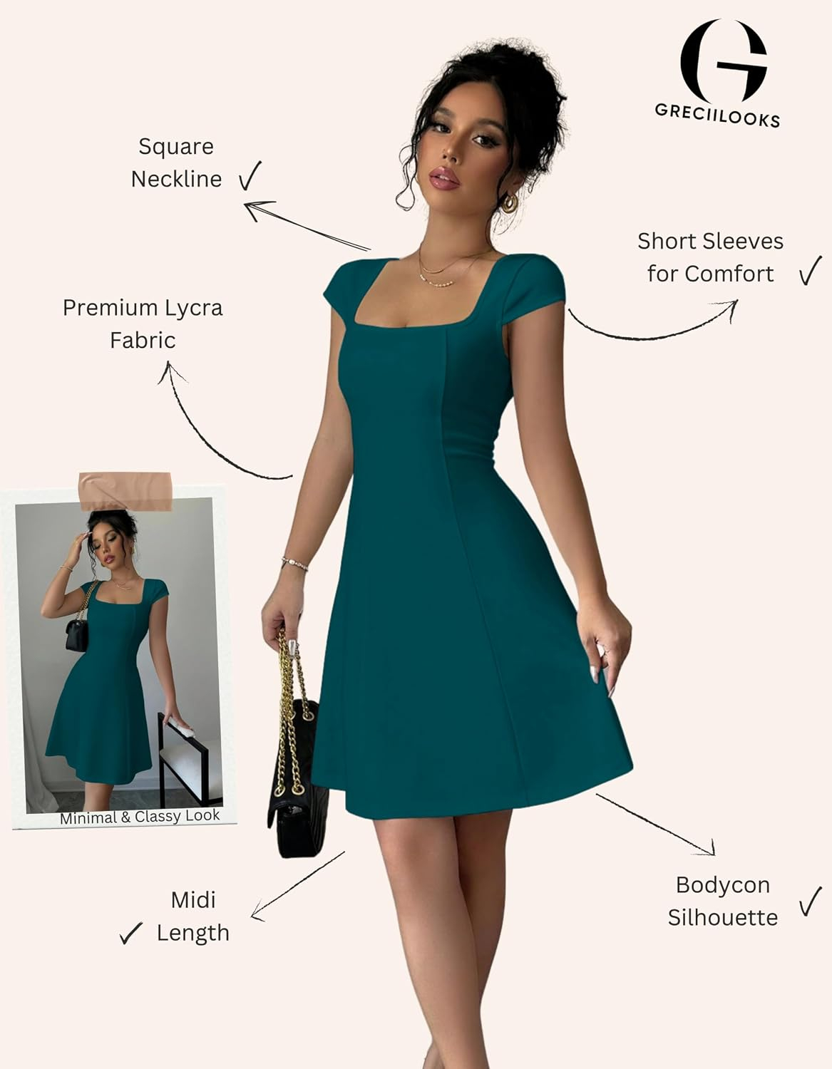 GRECIILOOKS Women's Square-Neck Lycra Midi Dress - Image 20