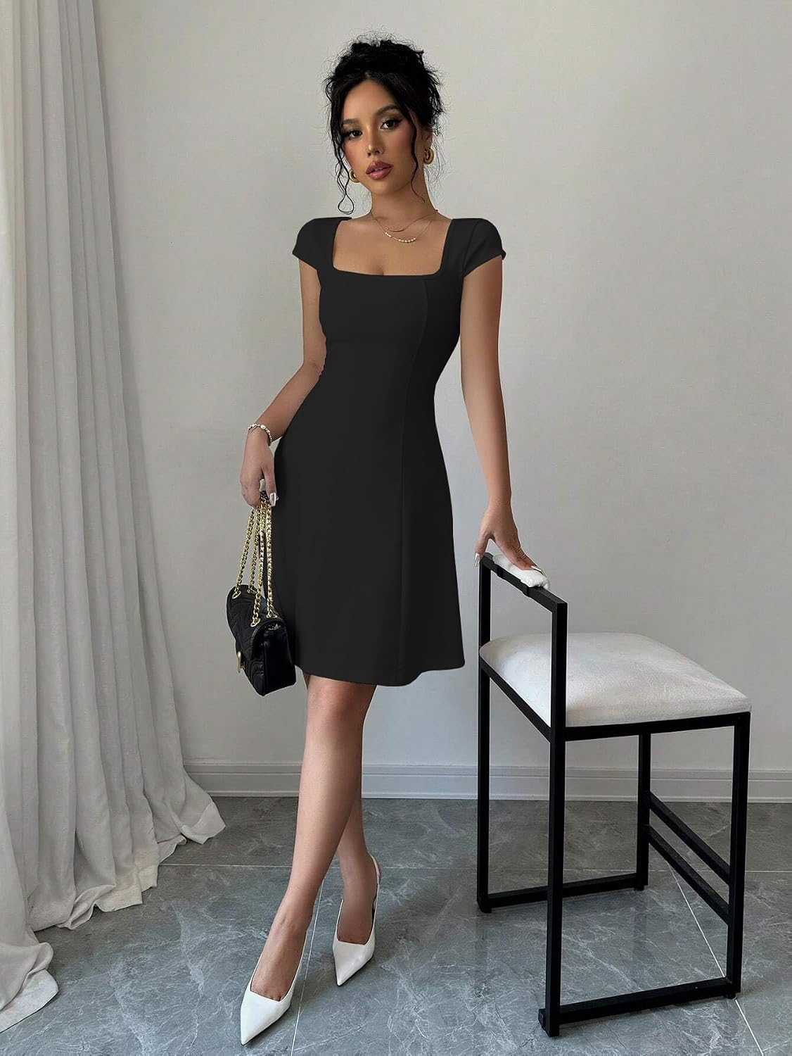 GRECIILOOKS Women's Square-Neck Lycra Midi Dress - Image 25