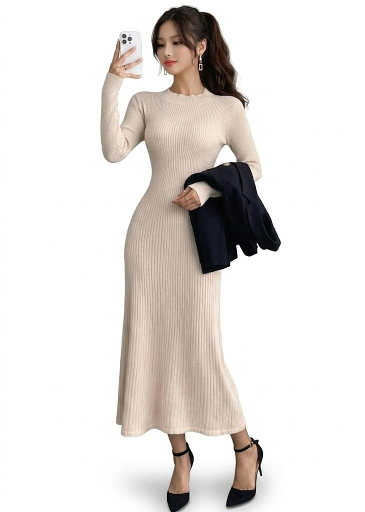TRAQUILA Women's High-Neck Long-Sleeve Maxi Dress