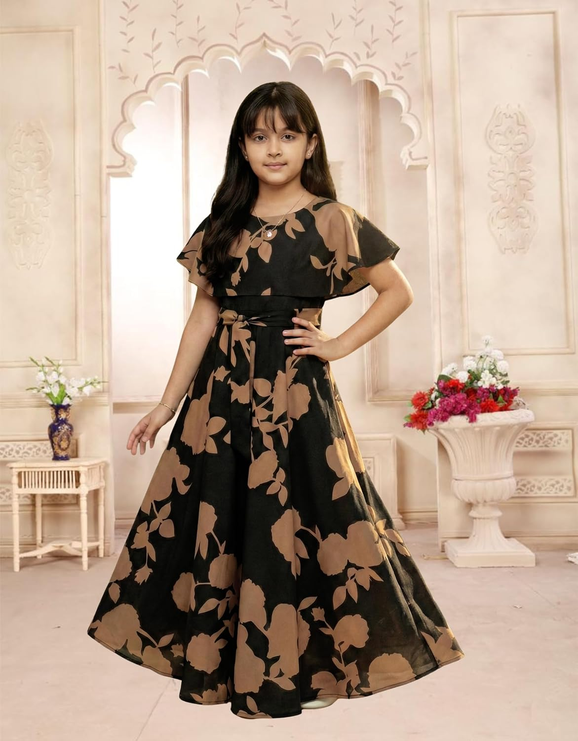 Aarya Designer Girls' Floral Cap-Sleeve Gown - Image 2