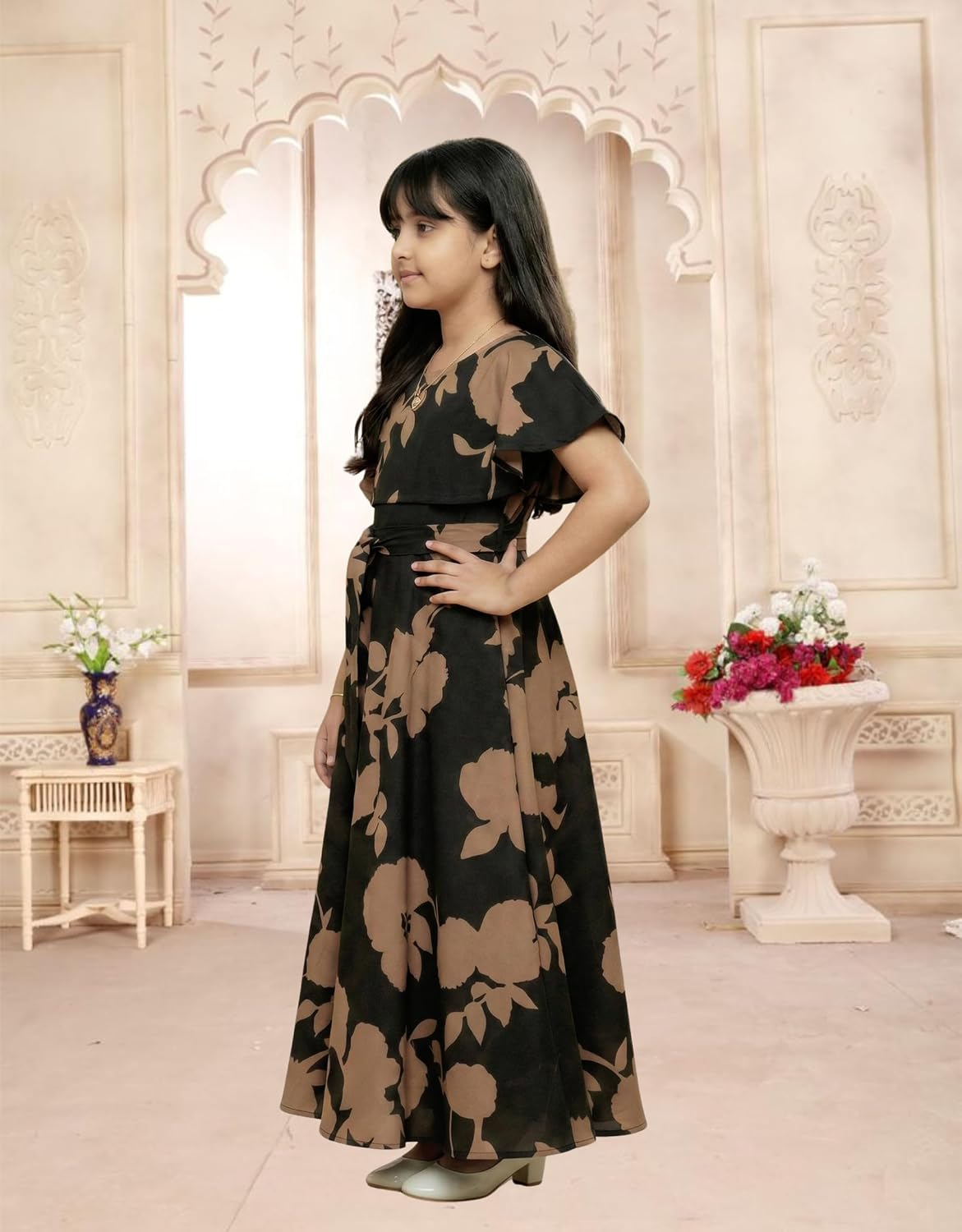 Aarya Designer Girls' Floral Cap-Sleeve Gown - Image 4