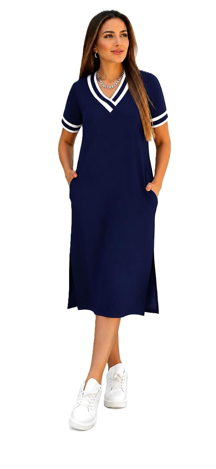 Zurity Women's V-Neck T-Shirt Dress with Striped Sleeves