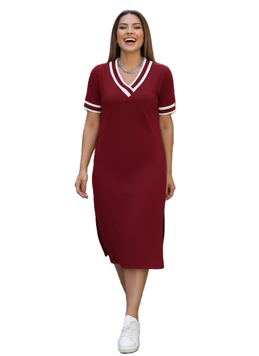 Zurity Women's V-Neck T-Shirt Dress with Striped Sleeves - Image 8