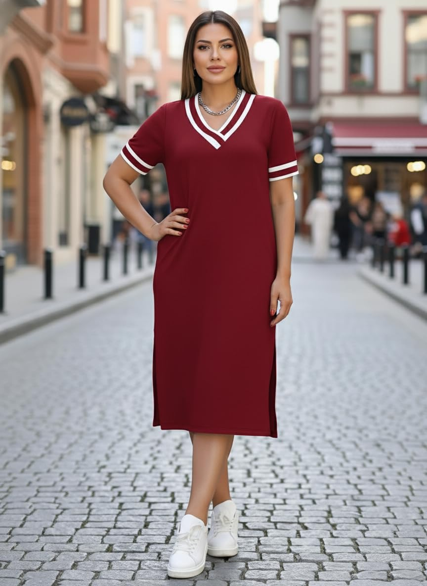 Zurity Women's V-Neck T-Shirt Dress with Striped Sleeves - Image 9