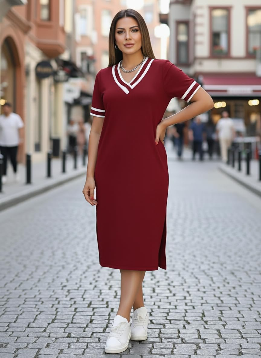 Zurity Women's V-Neck T-Shirt Dress with Striped Sleeves - Image 10