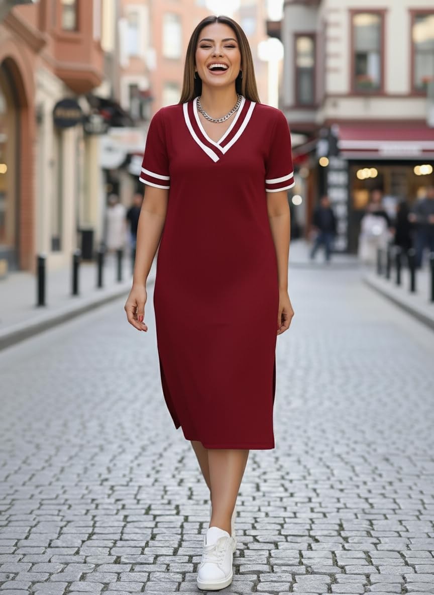 Zurity Women's V-Neck T-Shirt Dress with Striped Sleeves - Image 13