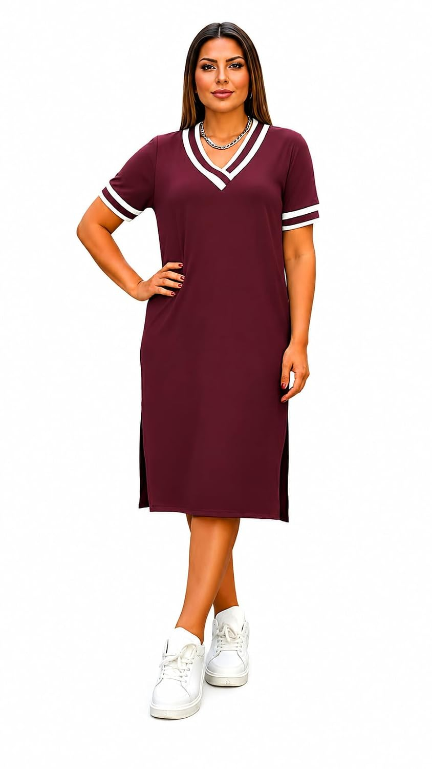 Zurity Women's V-Neck T-Shirt Dress with Striped Sleeves - Image 14