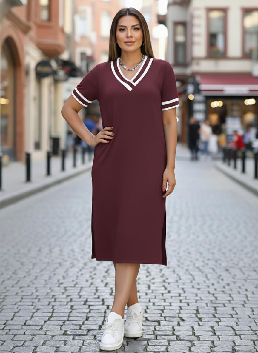 Zurity Women's V-Neck T-Shirt Dress with Striped Sleeves - Image 15