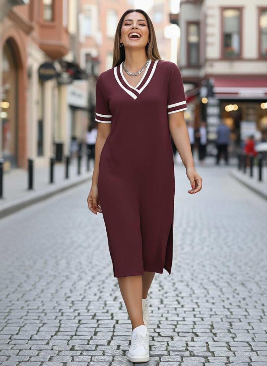 Zurity Women's V-Neck T-Shirt Dress with Striped Sleeves - Image 16