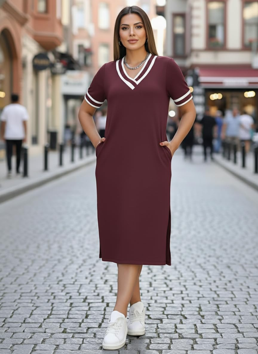 Zurity Women's V-Neck T-Shirt Dress with Striped Sleeves - Image 18