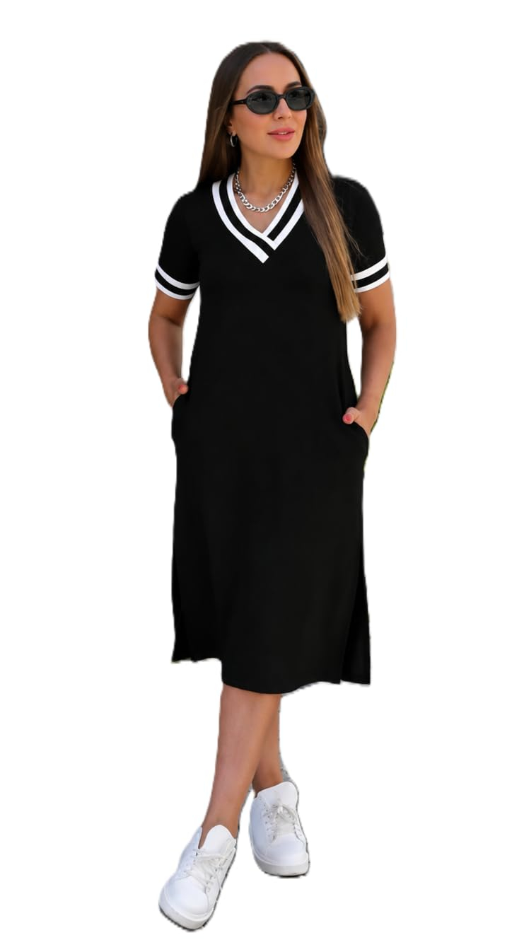 Zurity Women's V-Neck T-Shirt Dress with Striped Sleeves - Image 20