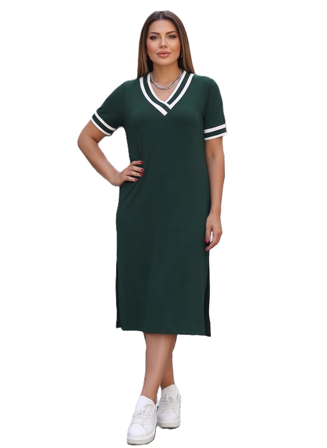 Zurity Women's V-Neck T-Shirt Dress with Striped Sleeves - Image 26