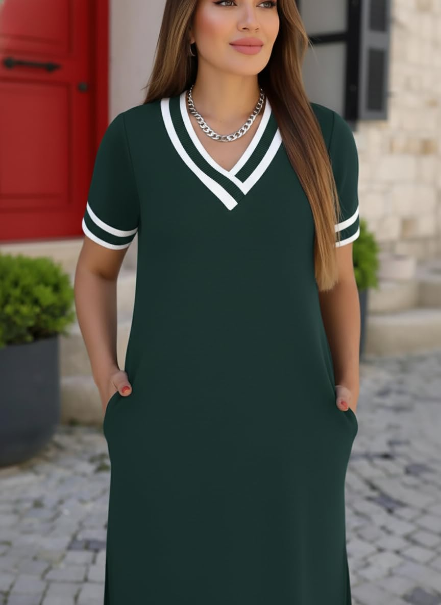 Zurity Women's V-Neck T-Shirt Dress with Striped Sleeves - Image 30