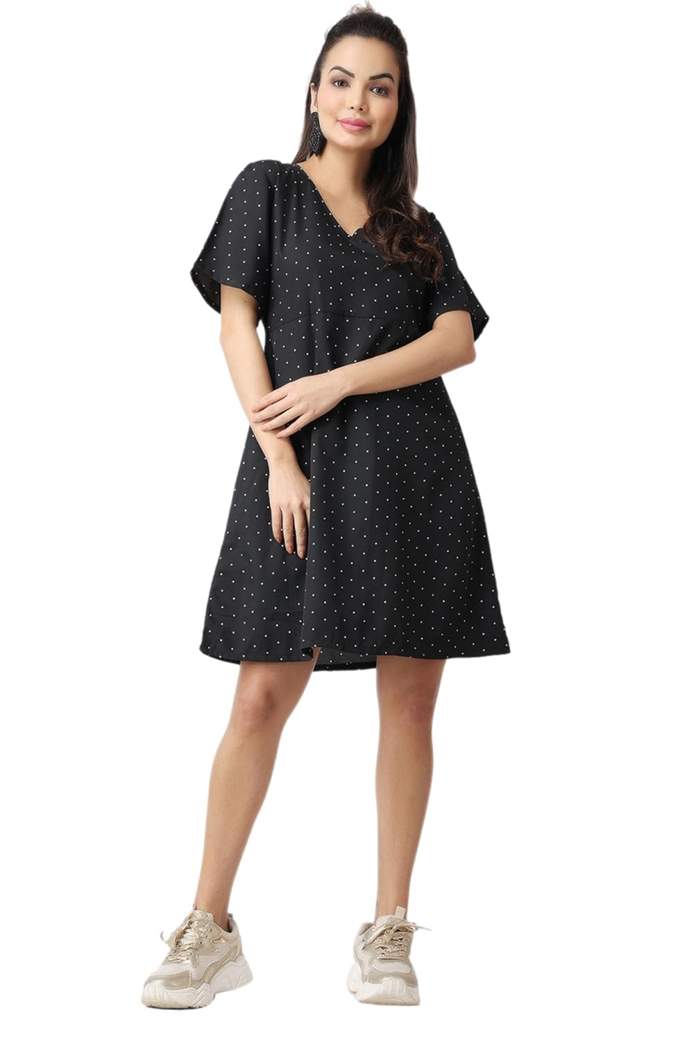 POPWINGS Women's Printed V-Neck Fit-and-Flare Dress