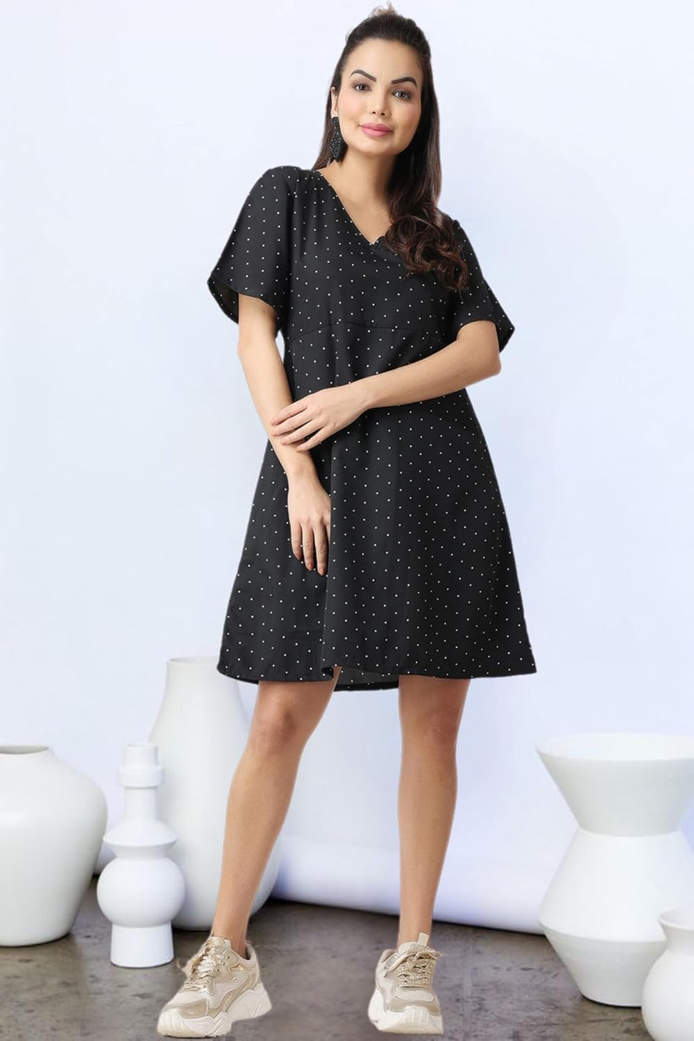 POPWINGS Women's Printed V-Neck Fit-and-Flare Dress - Image 2