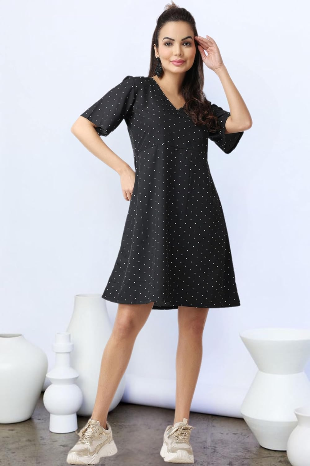 POPWINGS Women's Printed V-Neck Fit-and-Flare Dress - Image 3