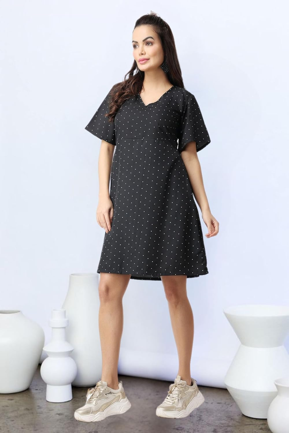 POPWINGS Women's Printed V-Neck Fit-and-Flare Dress - Image 4