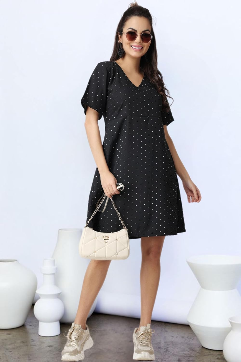POPWINGS Women's Printed V-Neck Fit-and-Flare Dress - Image 7