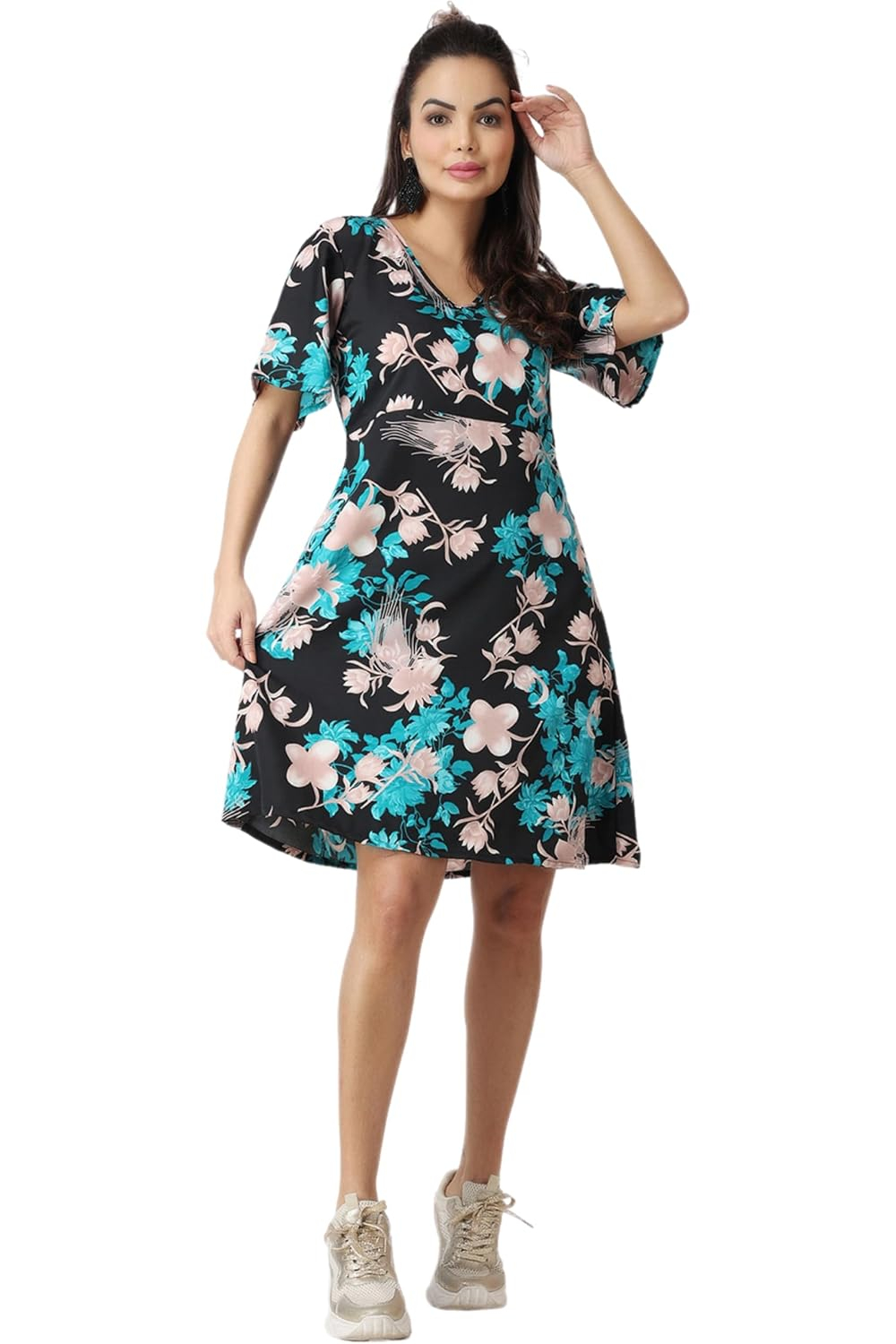 POPWINGS Women's Printed V-Neck Fit-and-Flare Dress - Image 23