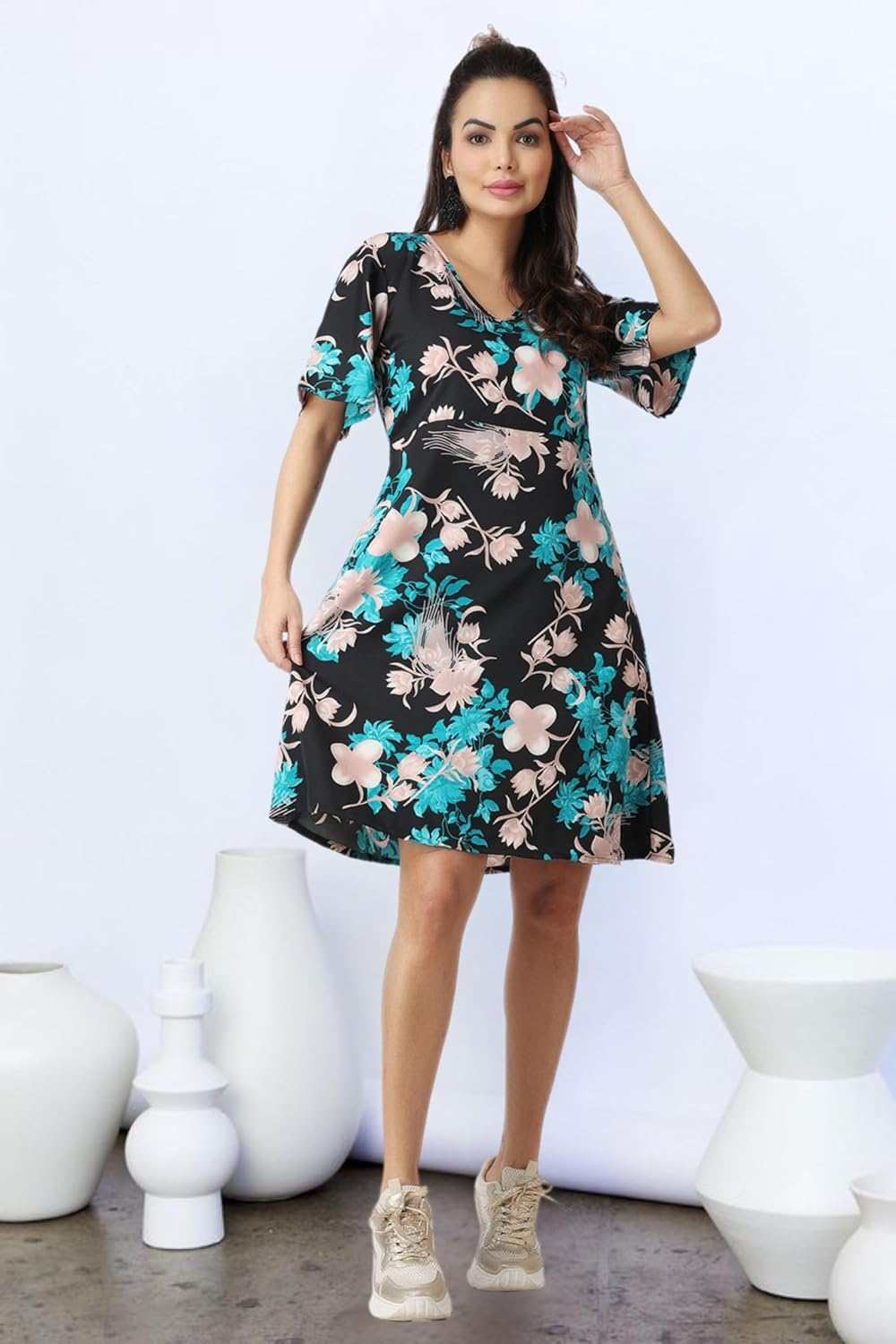 POPWINGS Women's Printed V-Neck Fit-and-Flare Dress - Image 24
