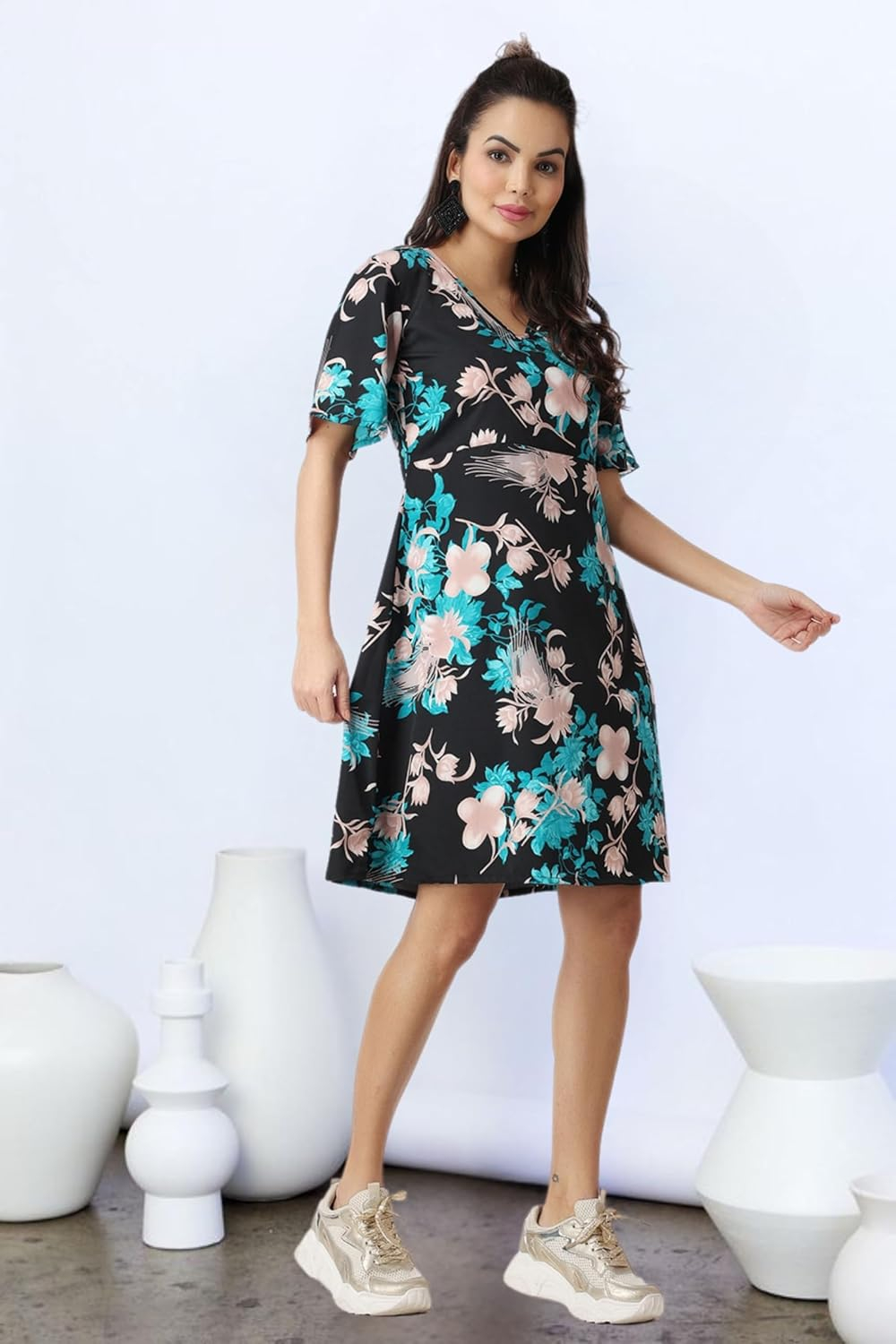 POPWINGS Women's Printed V-Neck Fit-and-Flare Dress - Image 25