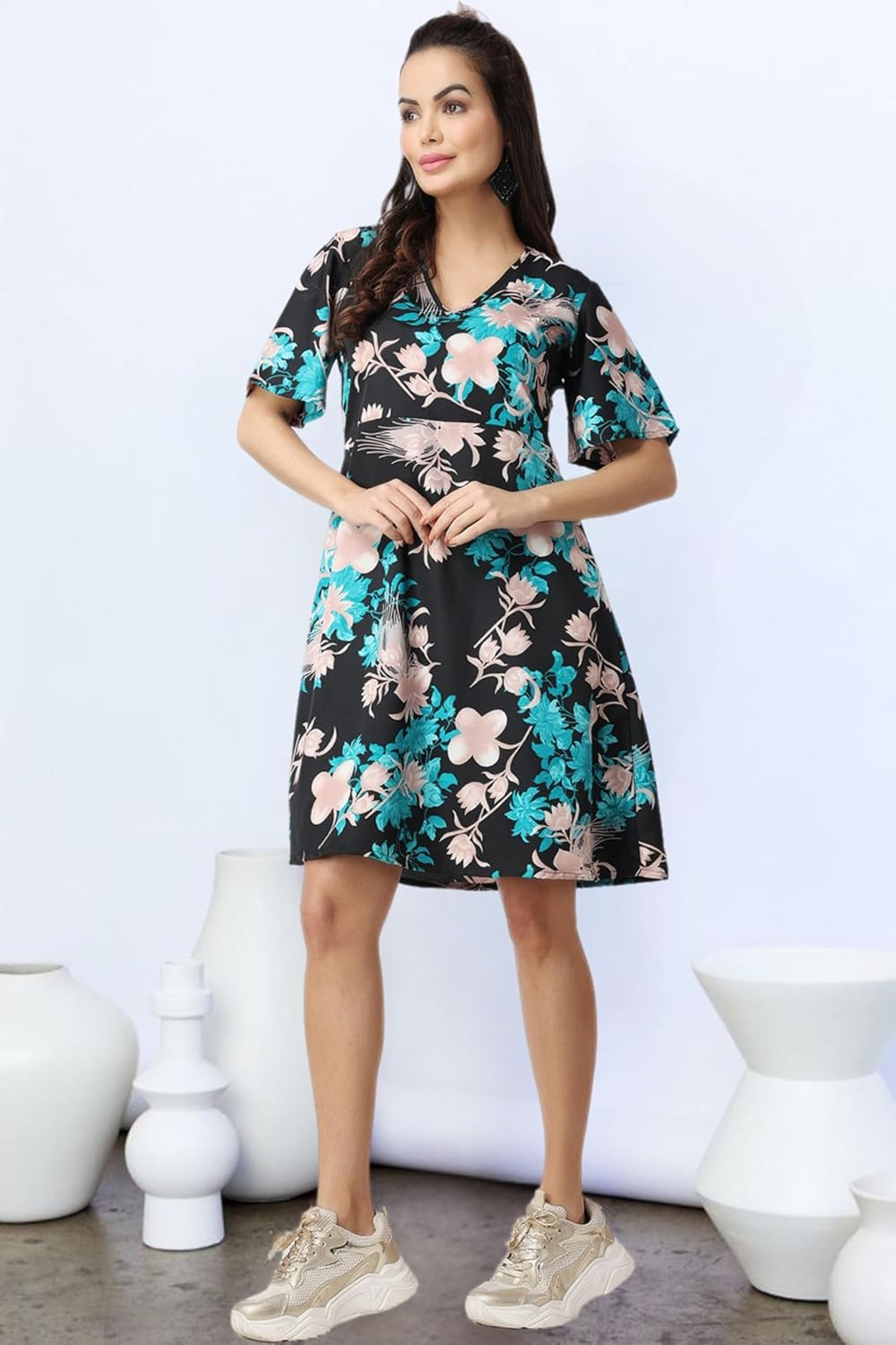 POPWINGS Women's Printed V-Neck Fit-and-Flare Dress - Image 26