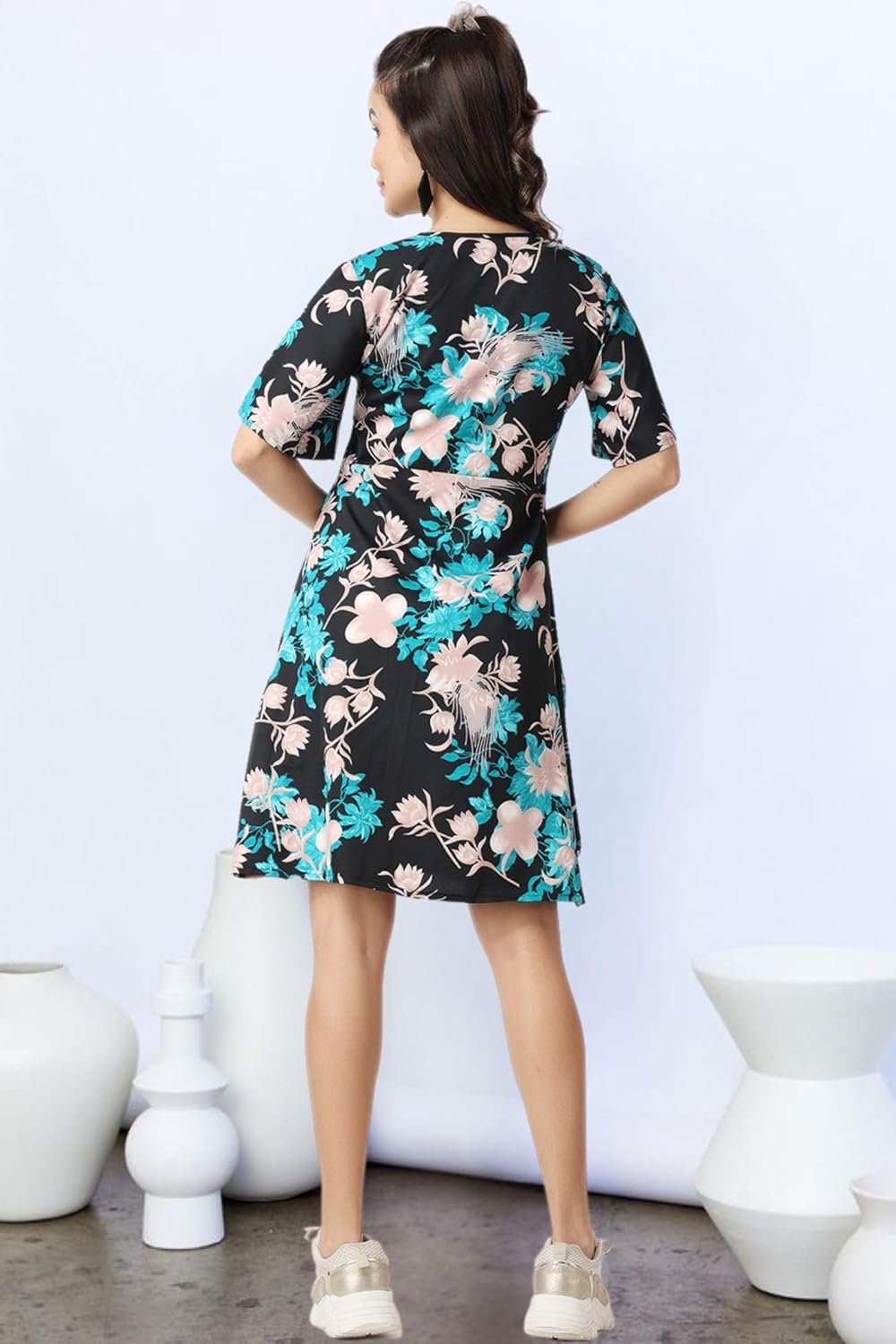 POPWINGS Women's Printed V-Neck Fit-and-Flare Dress - Image 27