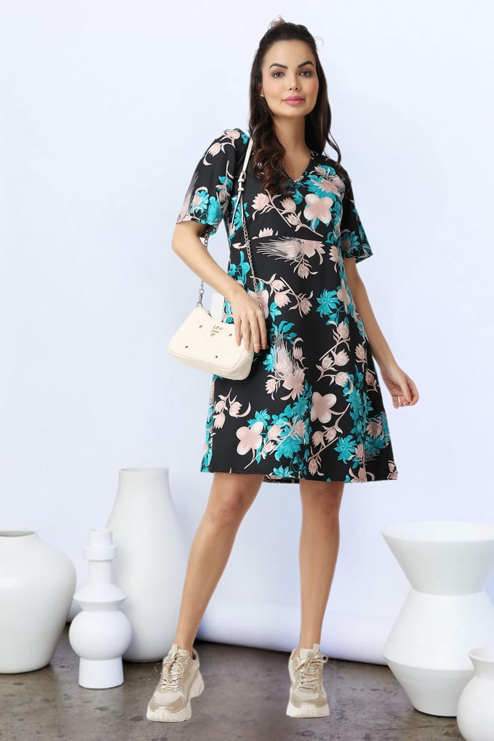 POPWINGS Women's Printed V-Neck Fit-and-Flare Dress - Image 29