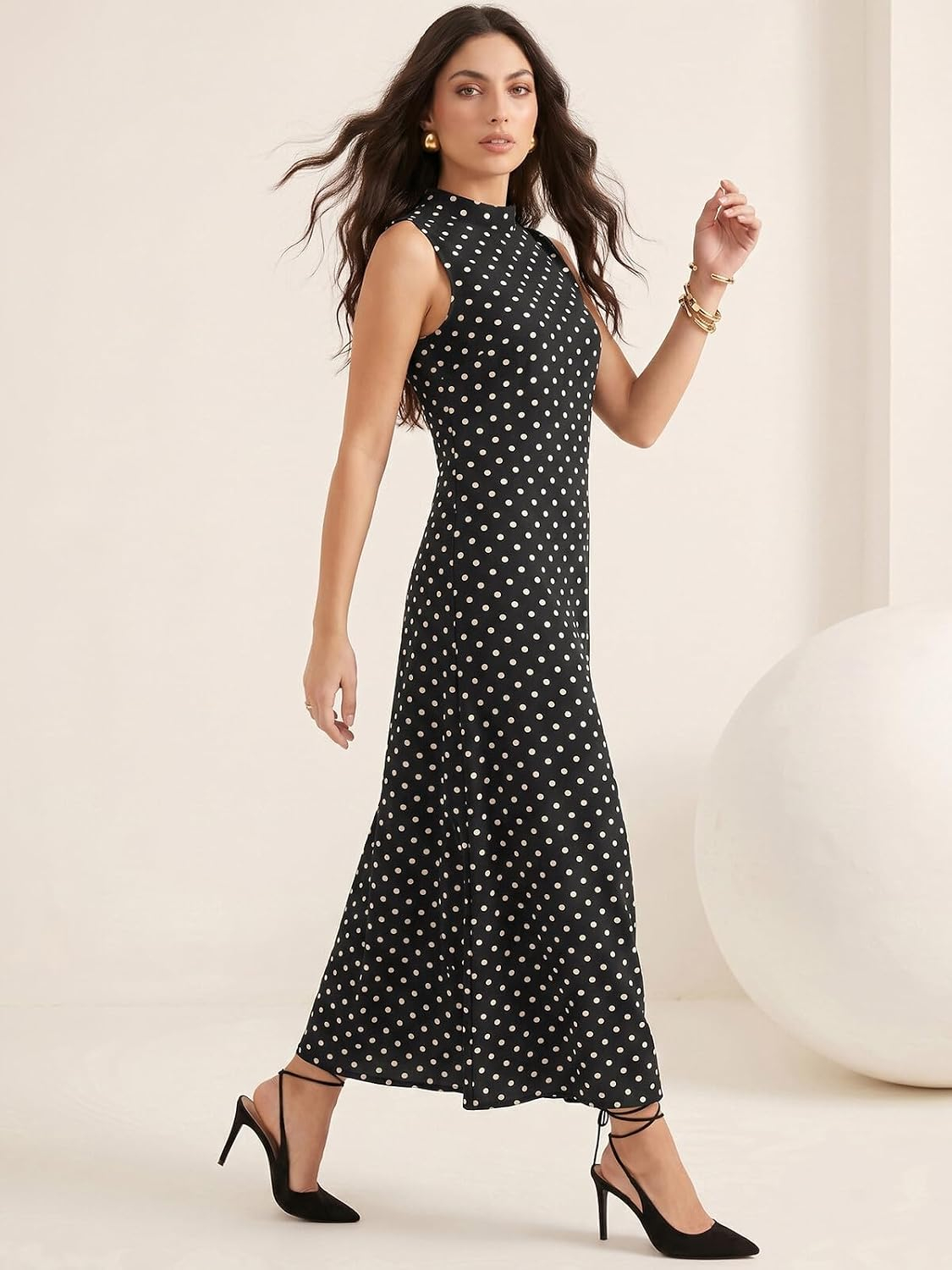 Selvia Women's Sleeveless Polka-Dot Crepe Maxi Dress - Image 3