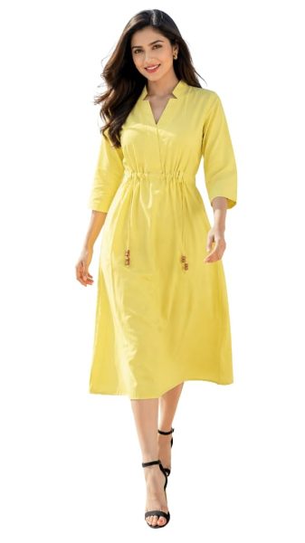 DSK Studio Women's Yellow Cotton A-Line Midi Dress
